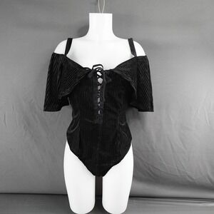 Womens Bodysuit Top Medium Black Velvet Indie Whimsy Goth Rock Punk Y2K NEW